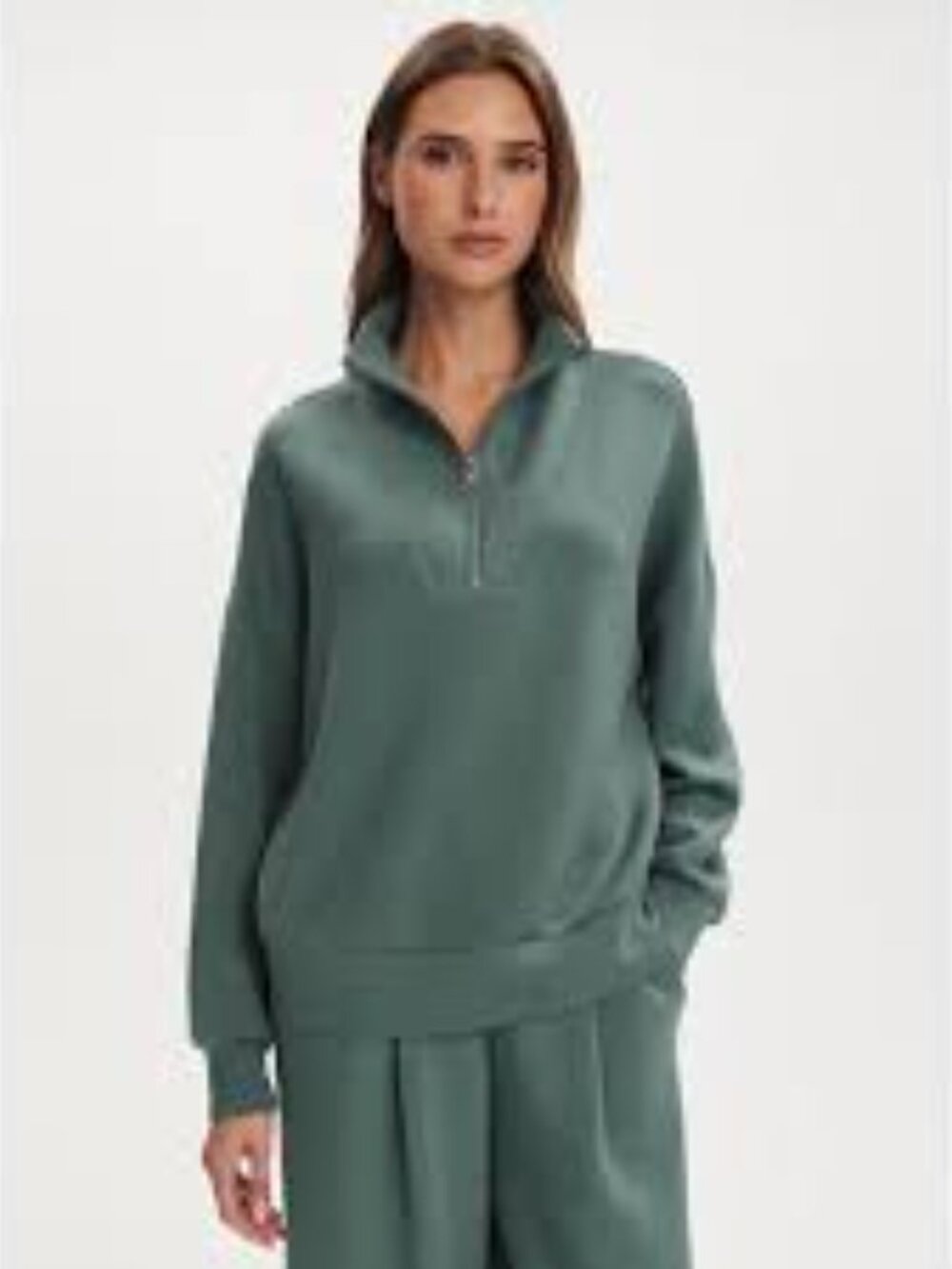 Magaschoni Womens Pullover Top Oversize Sage Green Half Zip Funnel Neck